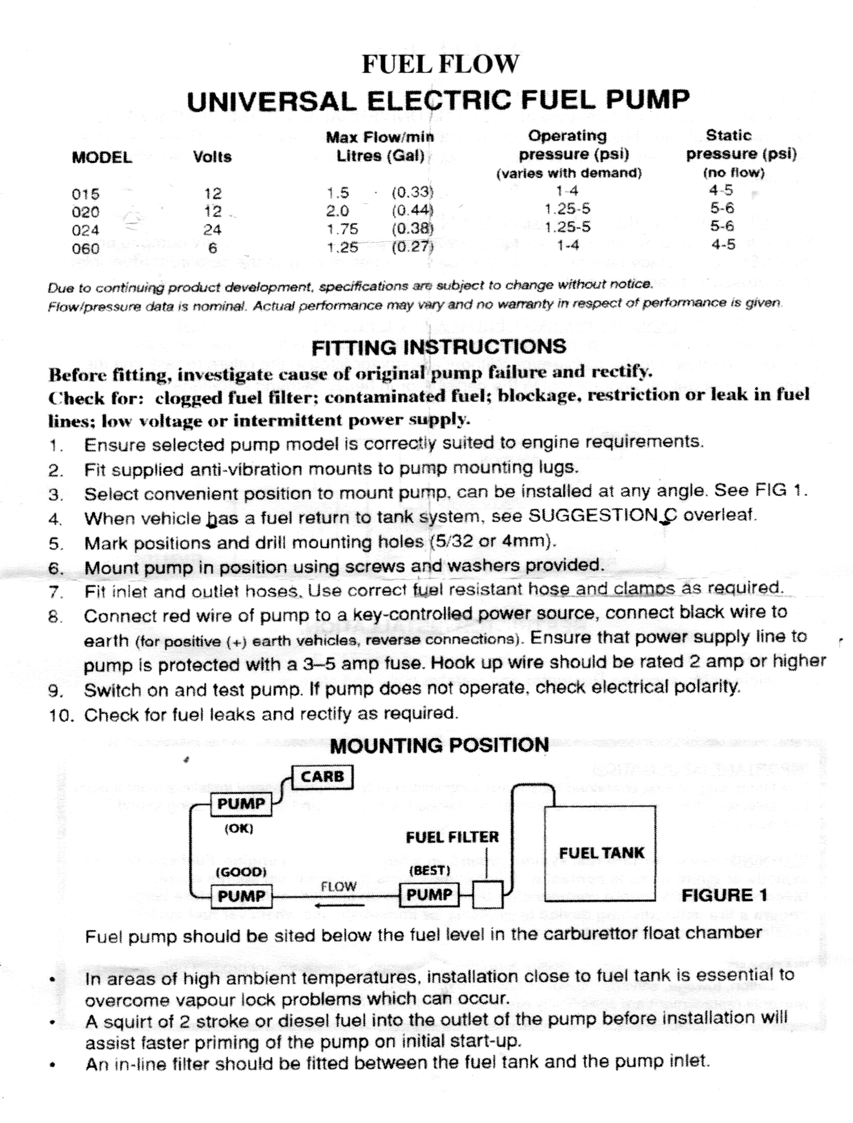 FUELFLOW 020 Electric Piston Fuel Pump 2.0l per minute 12V (Positive & Negative Earth) FF020